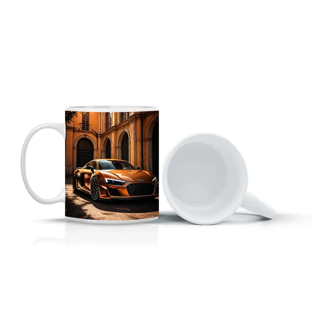 Audi R8 Orange Parked Beside Classical Building – Mugs