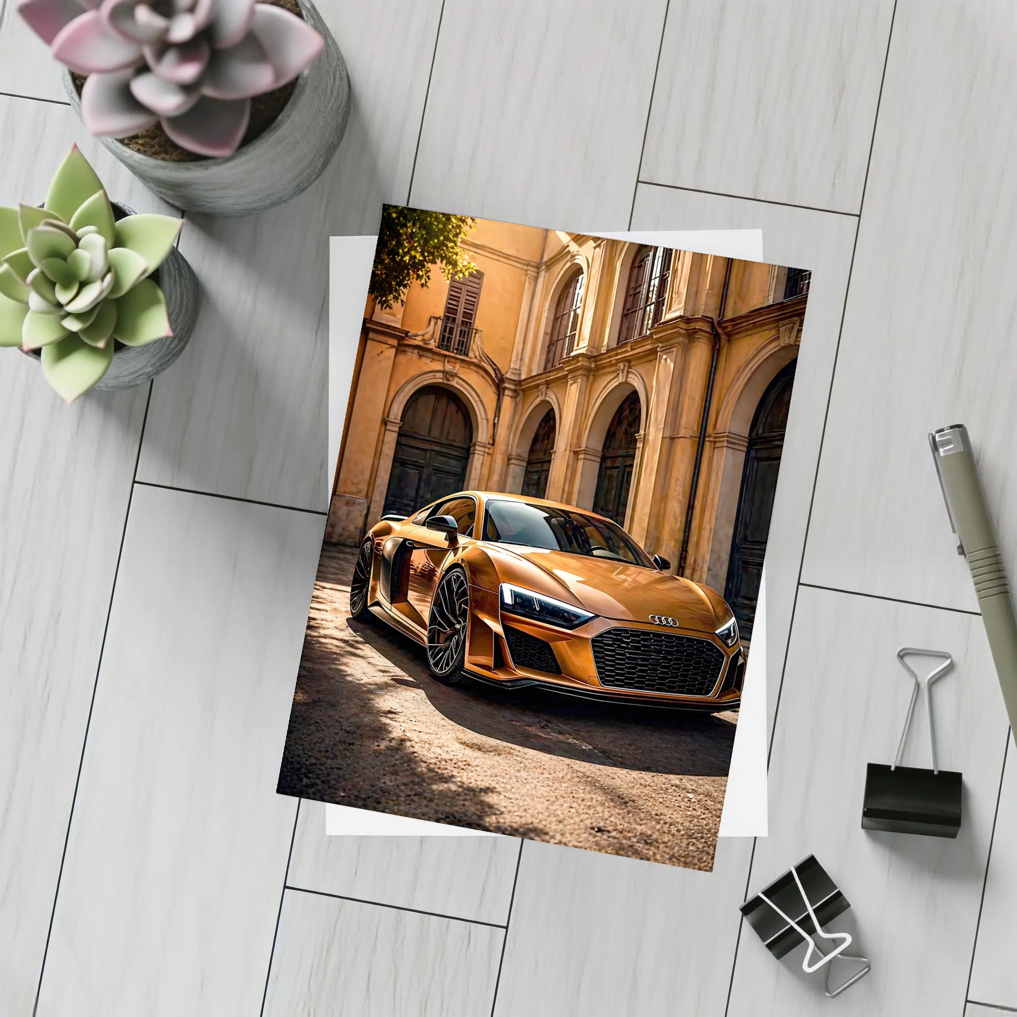 Audi R8 Orange Parked Beside Classical Building – Postcards