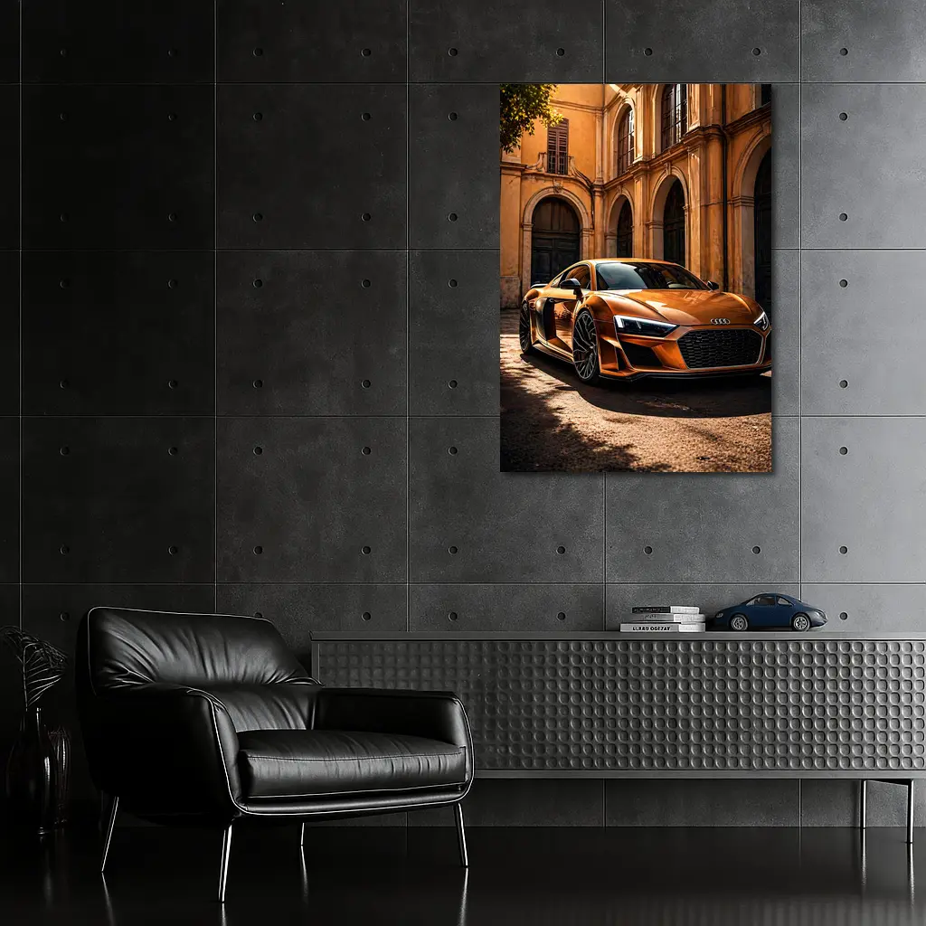 Audi R8 Orange Parked Beside Classical Building – Wall Art