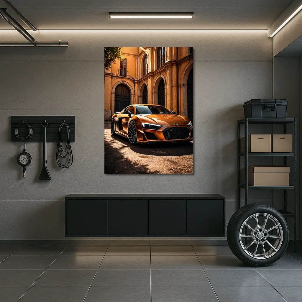 Audi R8 Orange Parked Beside Classical Building – Wall Art