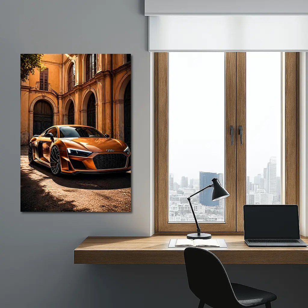 Audi R8 Orange Parked Beside Classical Building – Wall Art