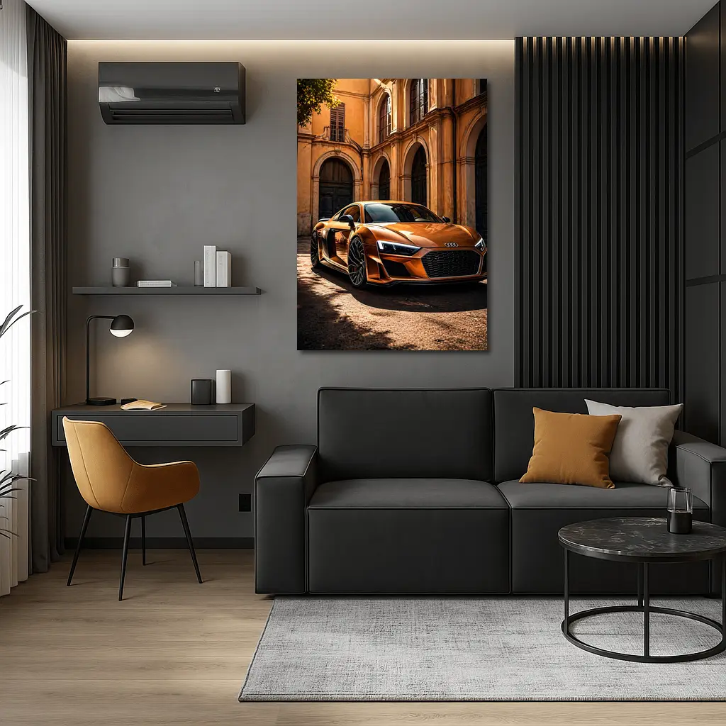 Audi R8 Orange Parked Beside Classical Building – Wall Art