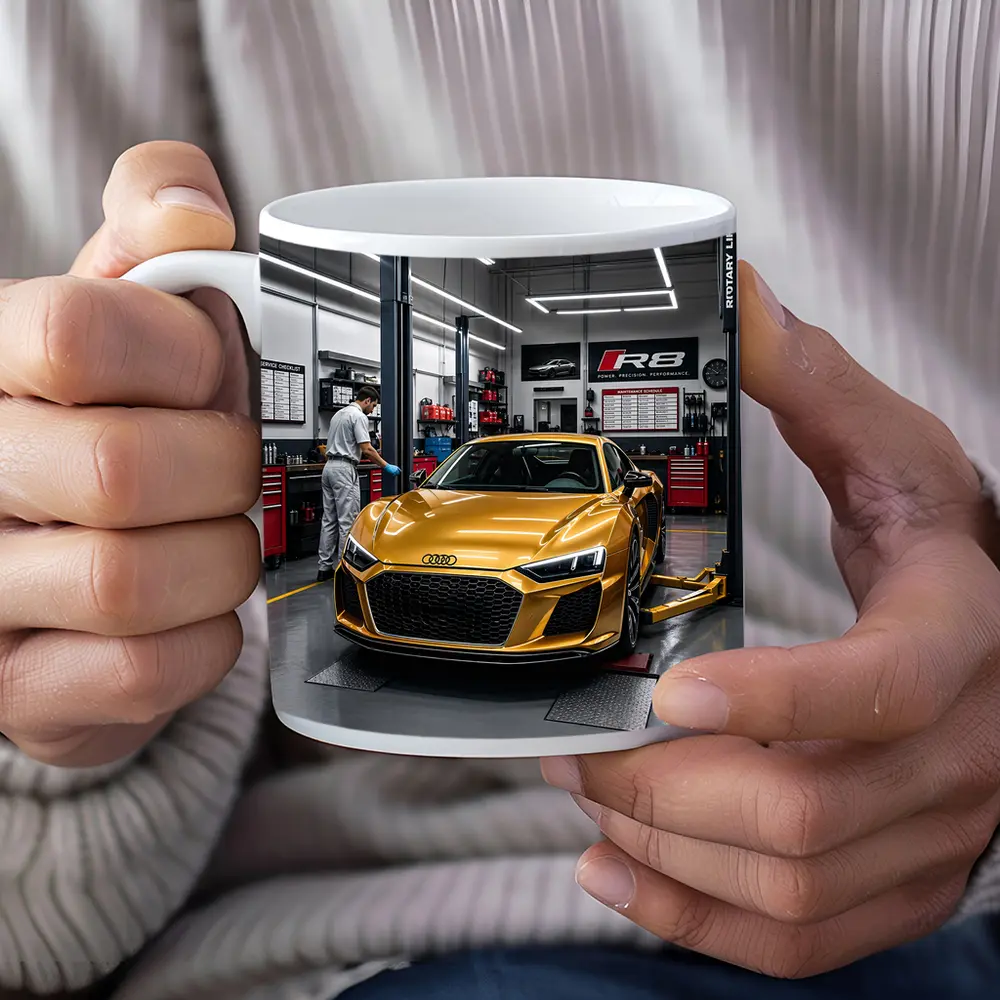 Audi R8 Gold Supercar In Auto Workshop – Mugs