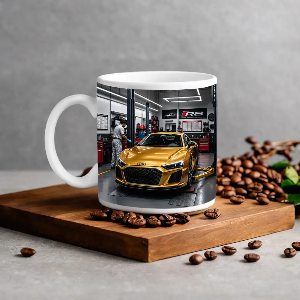 Audi R8 Gold Supercar In Auto Workshop – Mugs