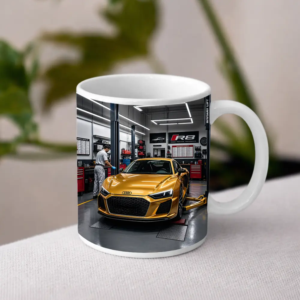 Audi R8 Gold Supercar In Auto Workshop – Mugs