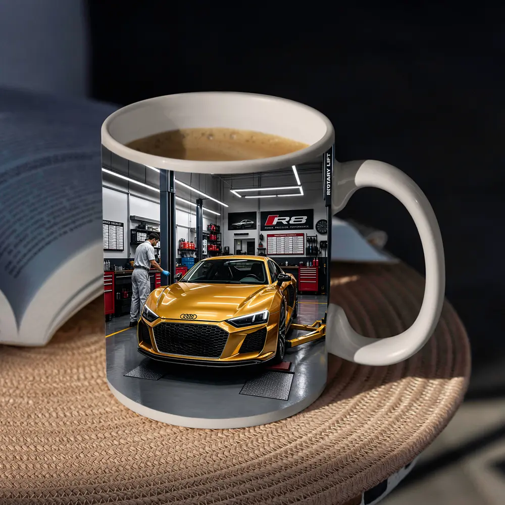 Audi R8 Gold Supercar In Auto Workshop – Mugs