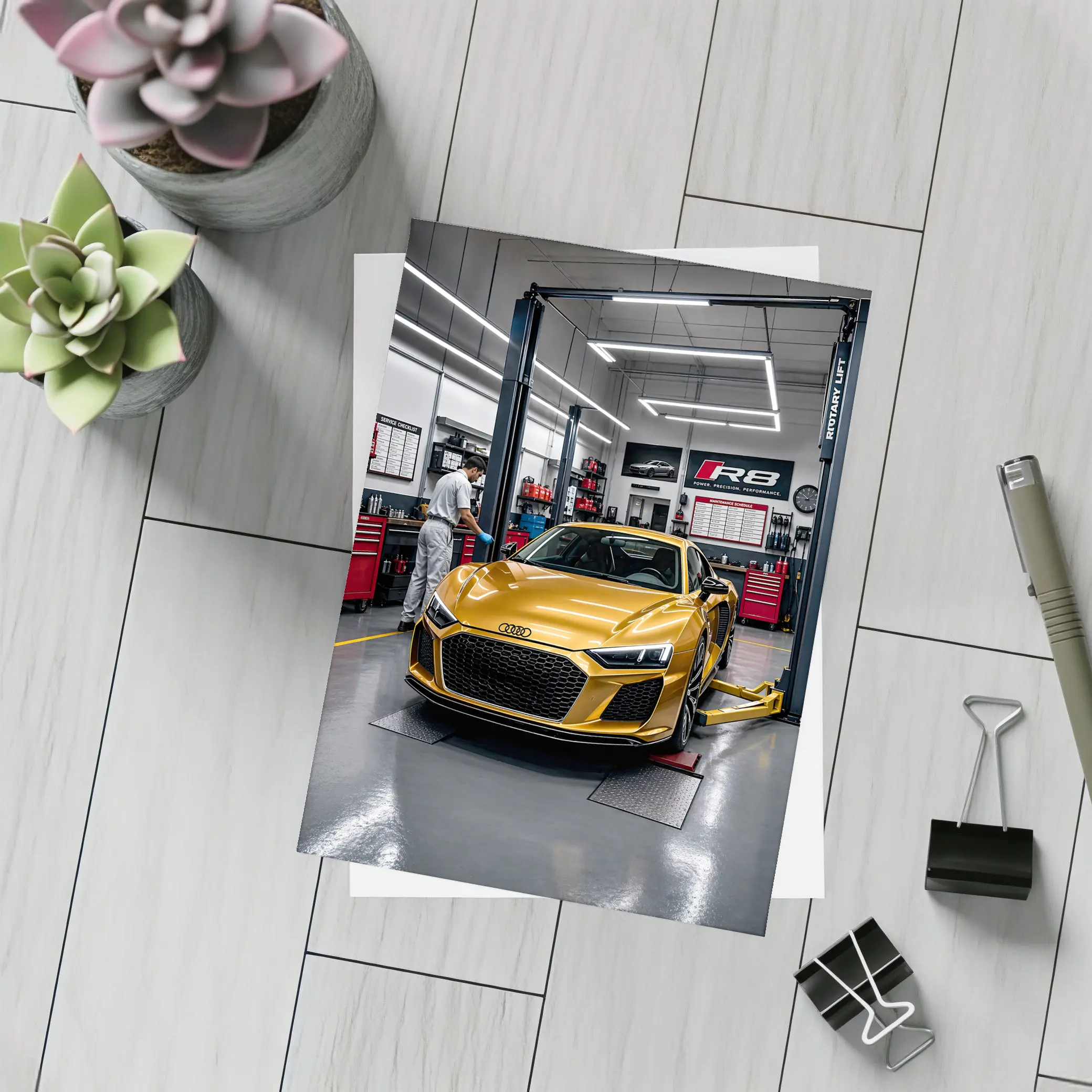 Audi R8 Gold Supercar In Auto Workshop – Postcards