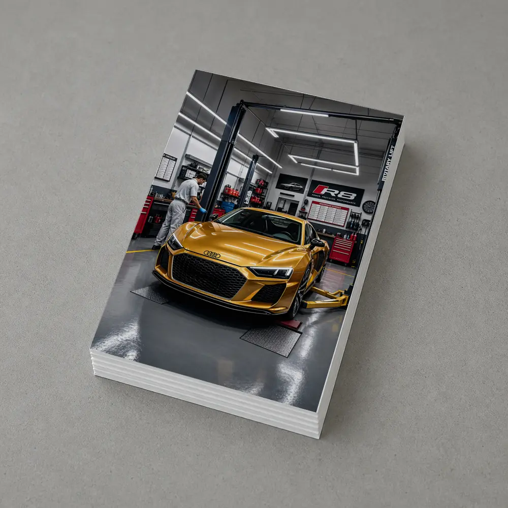 Audi R8 Gold Supercar In Auto Workshop – Postcards