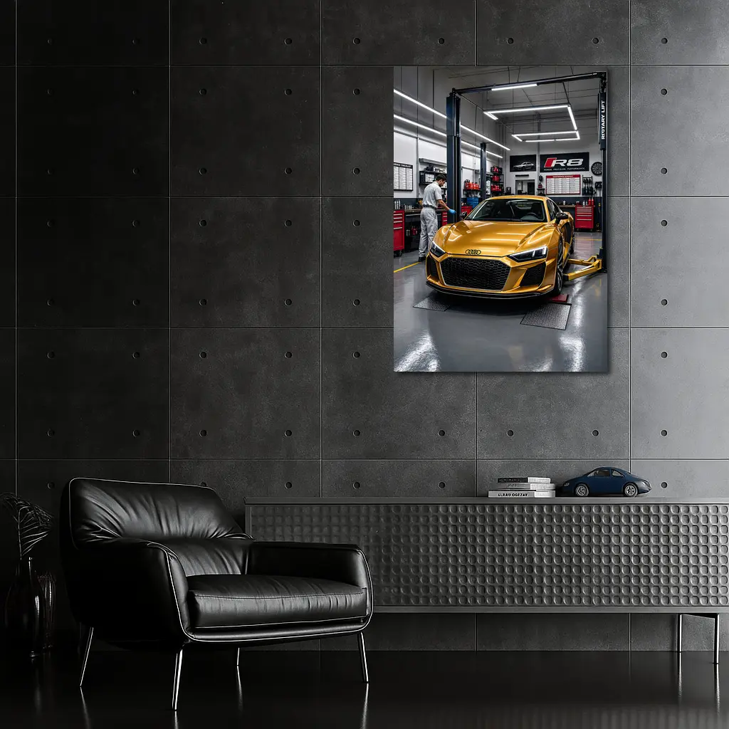 Audi R8 Gold Supercar In Auto Workshop – Wall Art