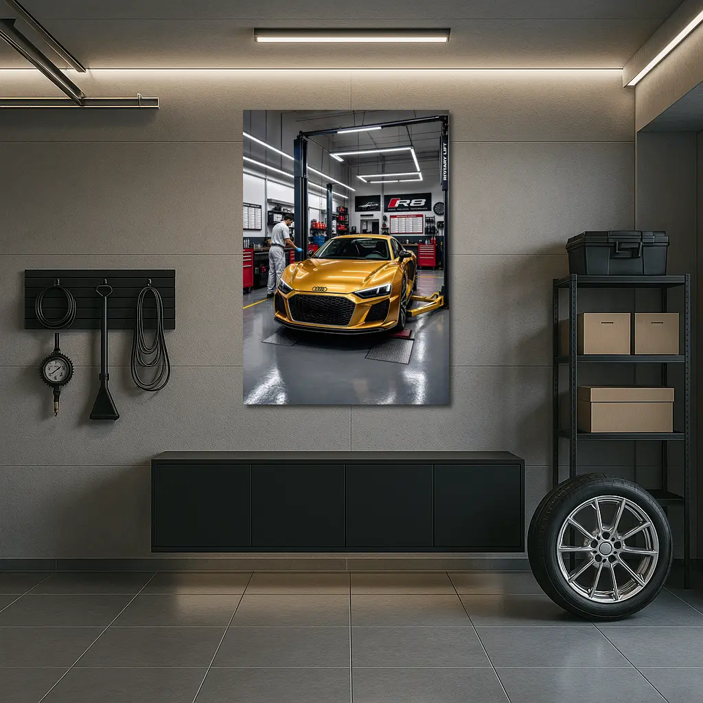 Audi R8 Gold Supercar In Auto Workshop – Wall Art