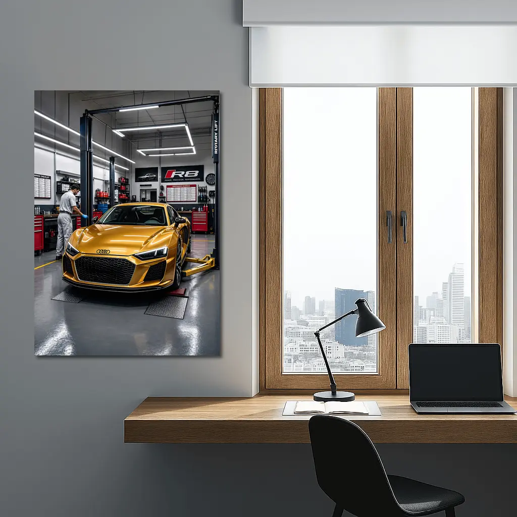 Audi R8 Gold Supercar In Auto Workshop – Wall Art