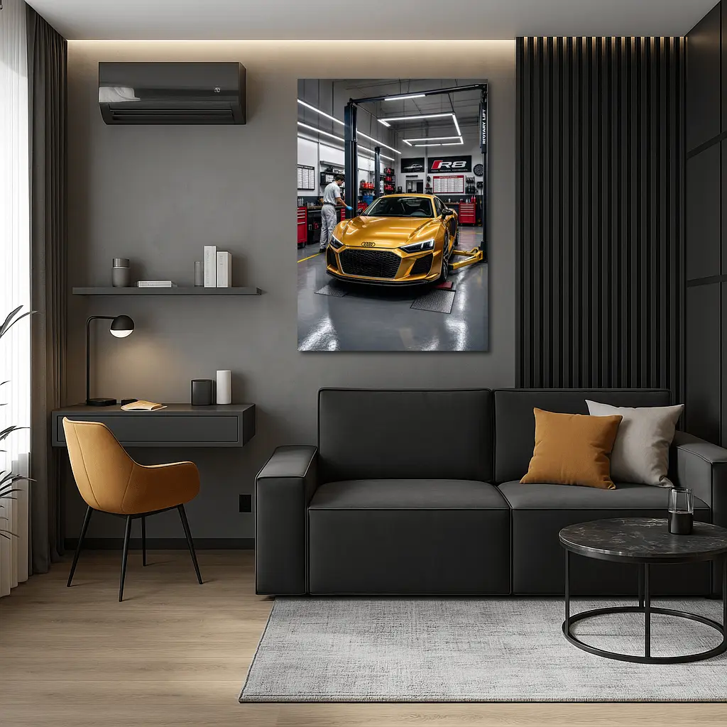 Audi R8 Gold Supercar In Auto Workshop – Wall Art