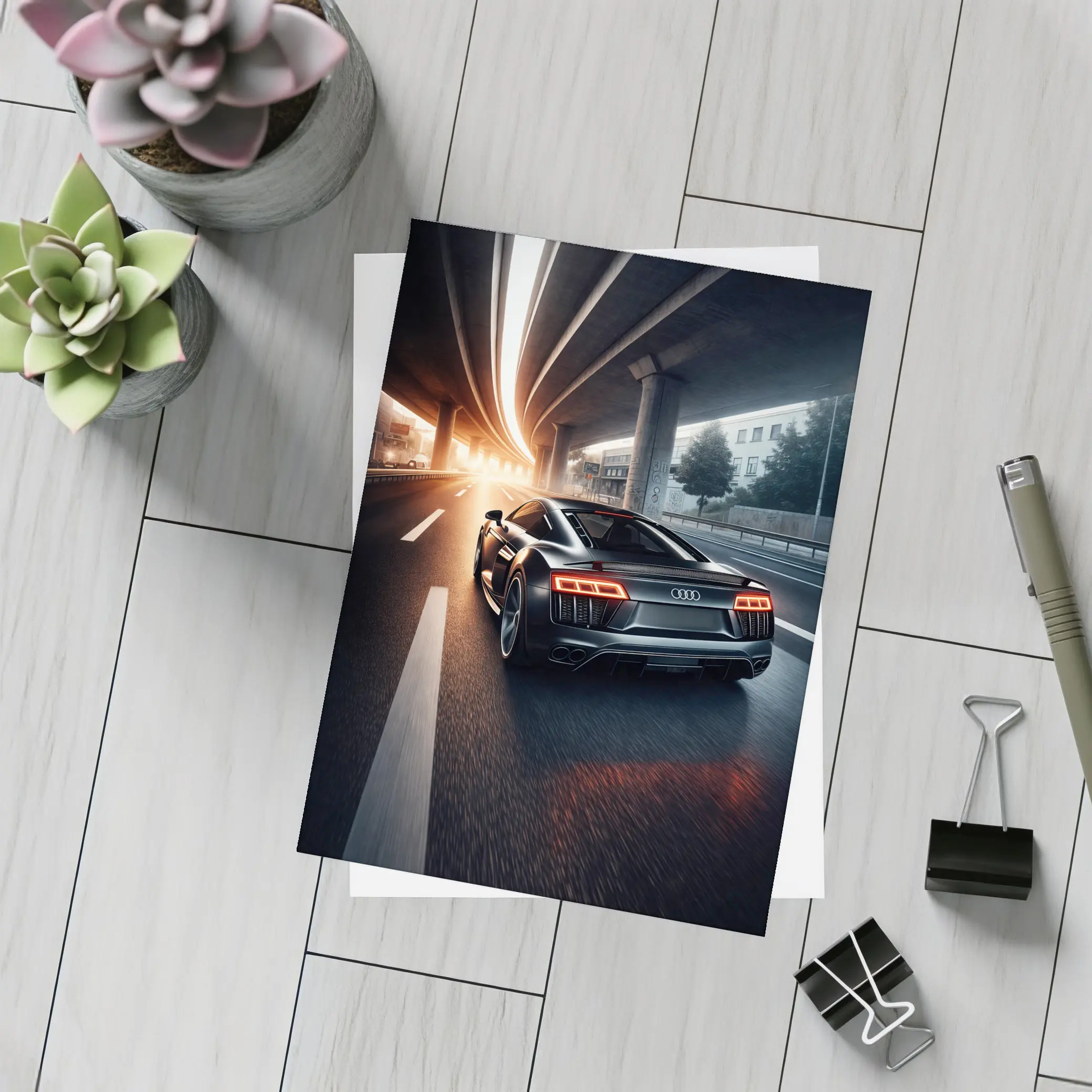 Audi R8 Speeding Under City Highway – Postcards