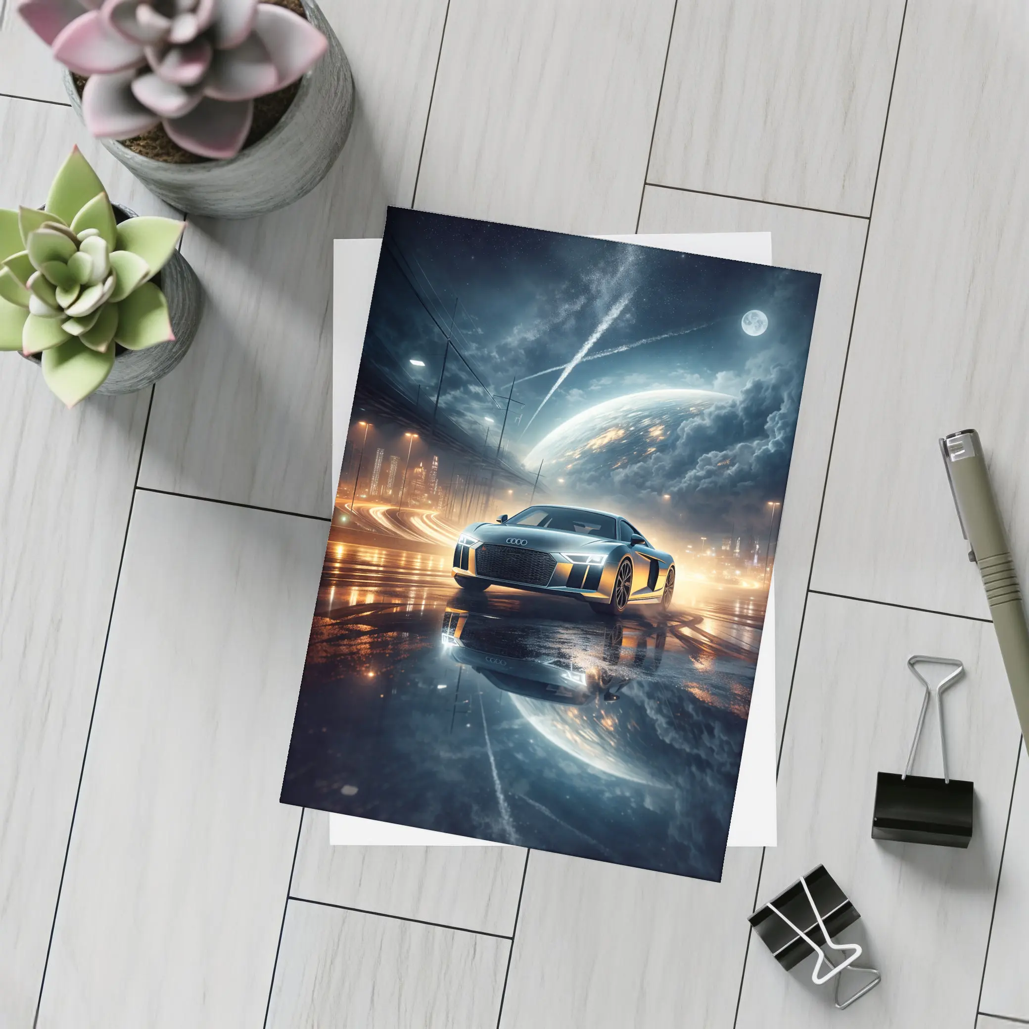 Audi R8 Glowing City Night Reflection – Postcards