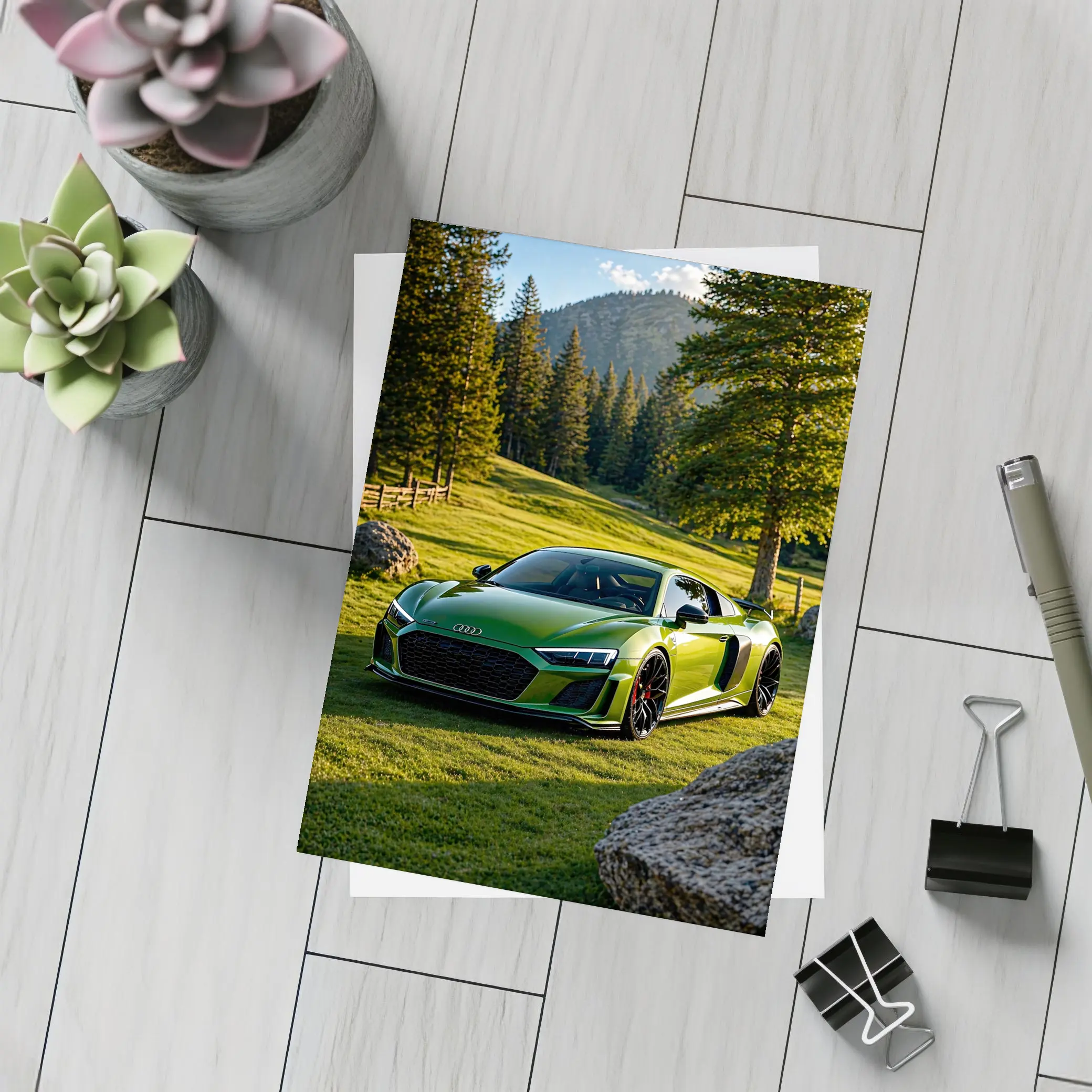 Audi R8 Green Supercar Forest Meadow Setting – Postcards