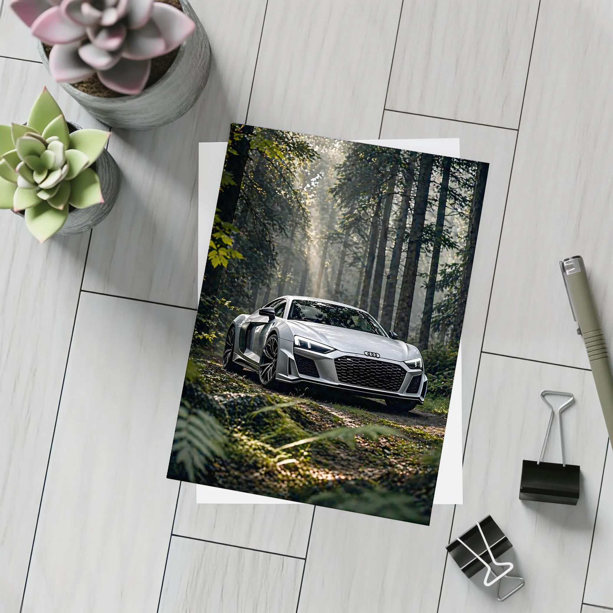 Audi R8 Silver Supercar Forest Setting – Postcards