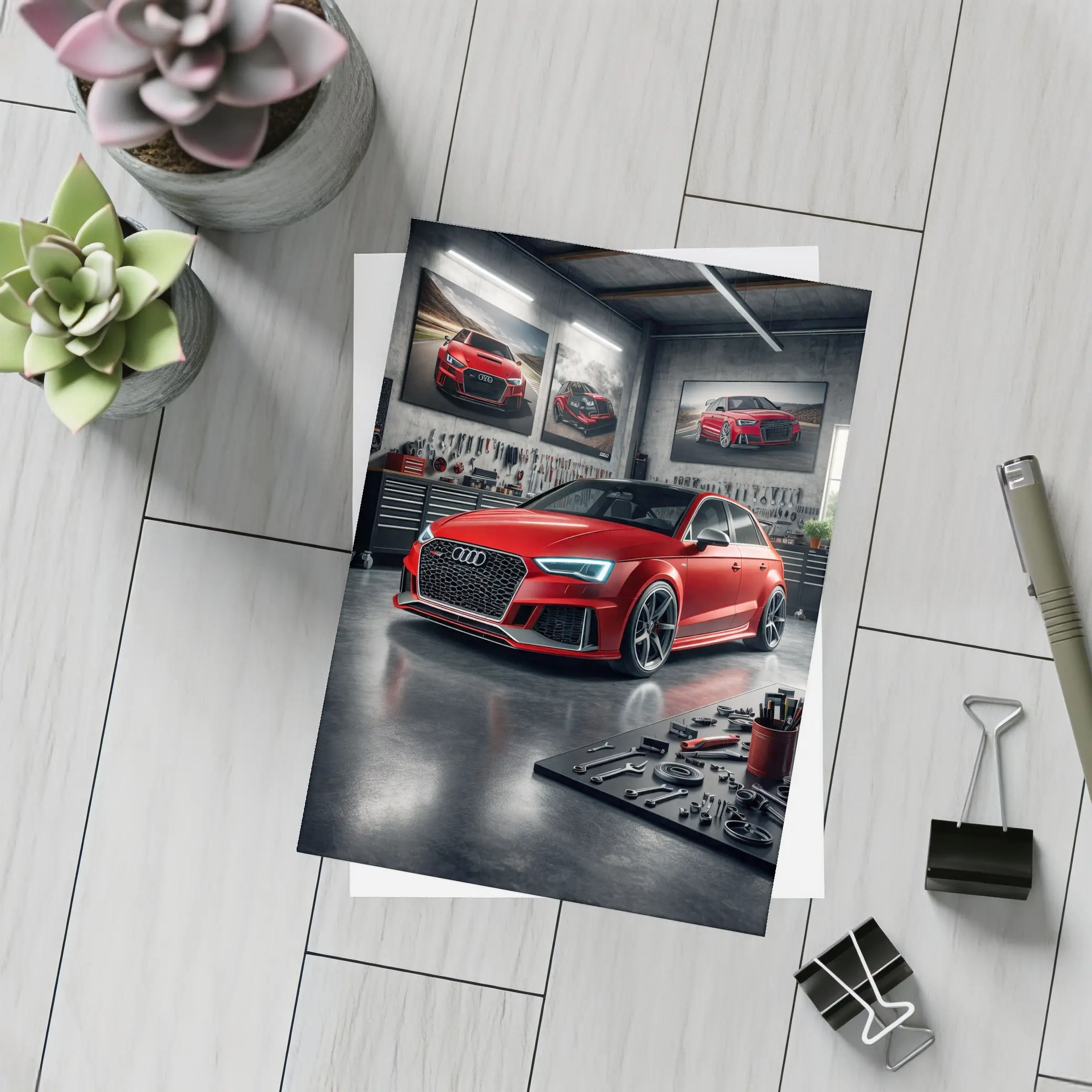 Audi RS3 Red Hot Hatchback Garage Scene – Postcards