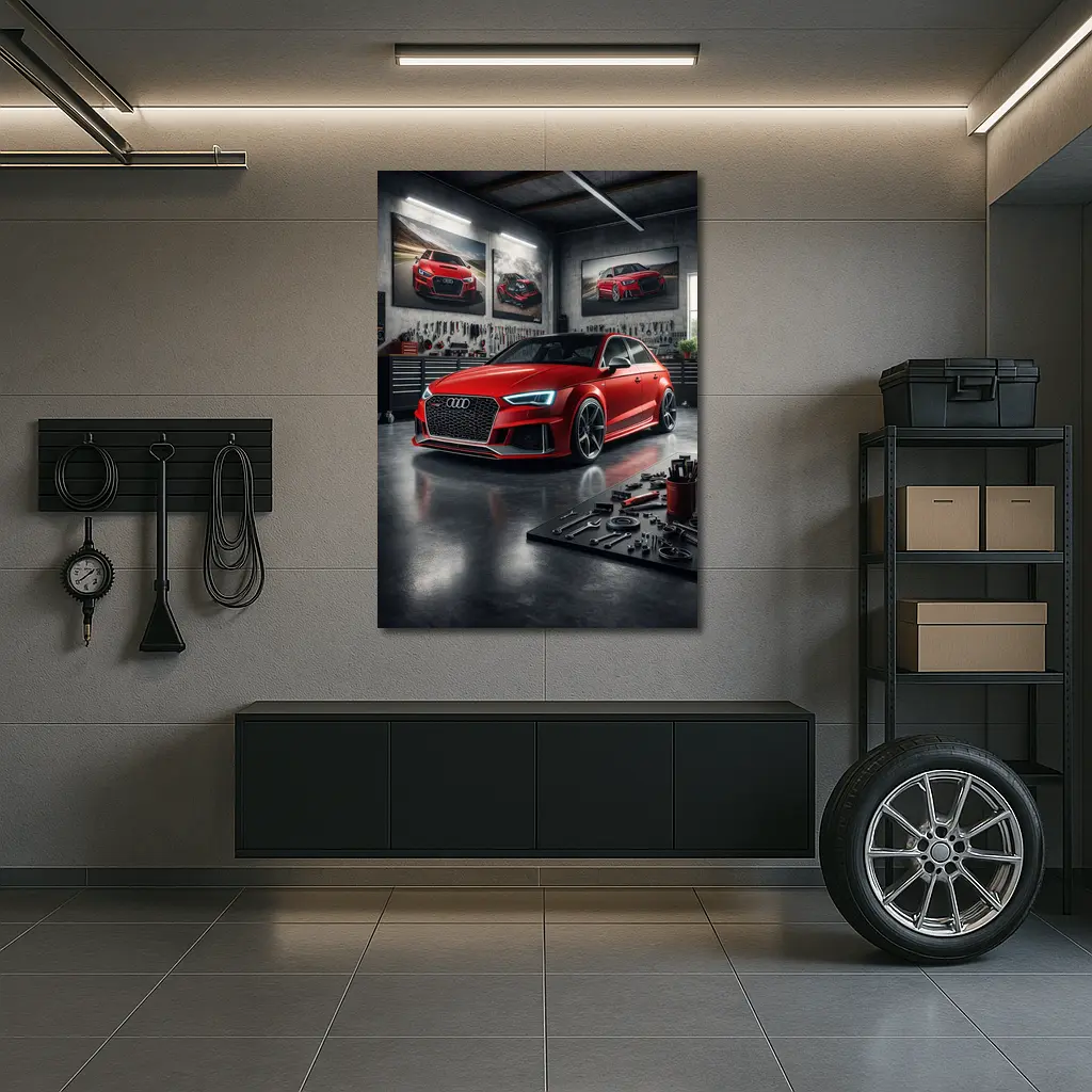 Audi RS3 Red Hot Hatchback Garage Scene – Wall Art