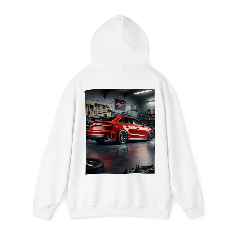 Audi RS3 Red Sedan in Dark Garage – Hoodies
