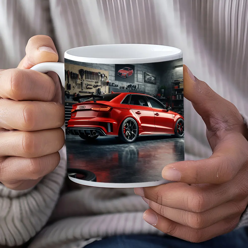 Audi RS3 Red Sedan in Dark Garage – Mugs