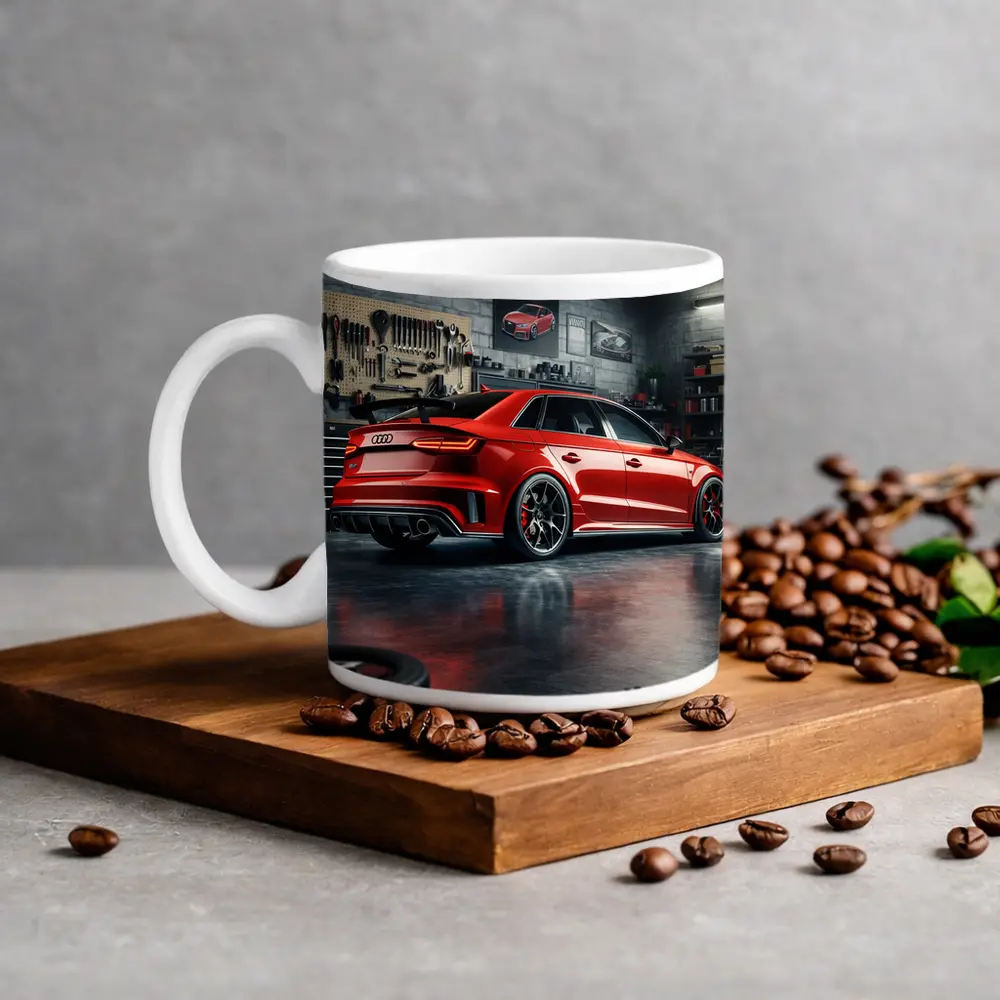 Audi RS3 Red Sedan in Dark Garage – Mugs