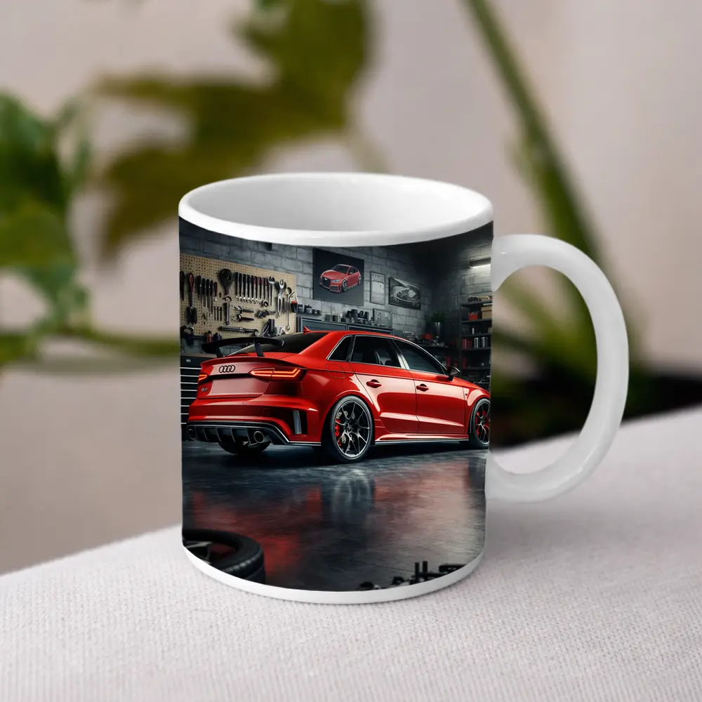 Audi RS3 Red Sedan in Dark Garage – Mugs