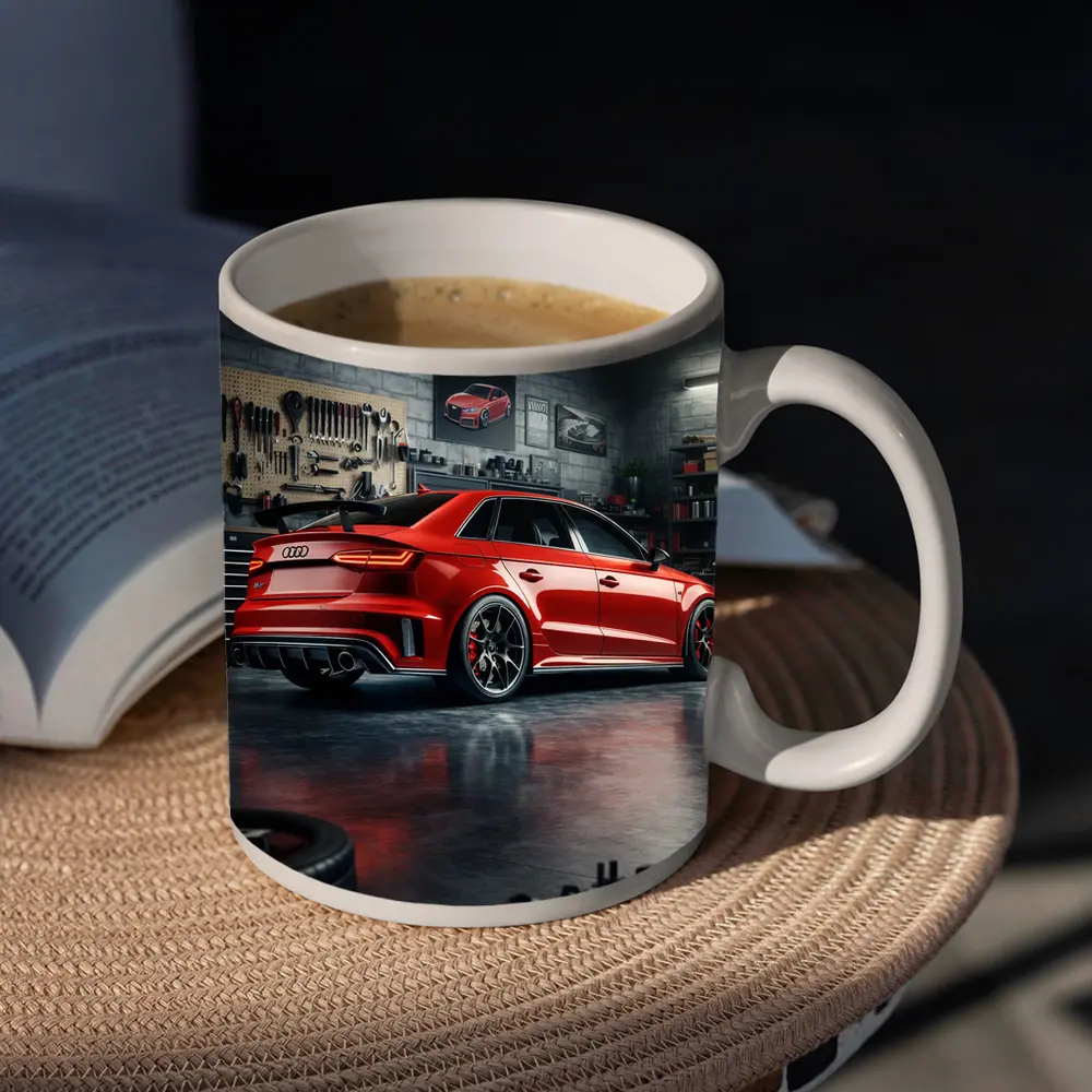 Audi RS3 Red Sedan in Dark Garage – Mugs