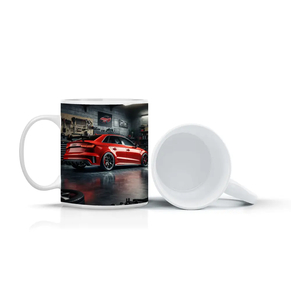 Audi RS3 Red Sedan in Dark Garage – Mugs