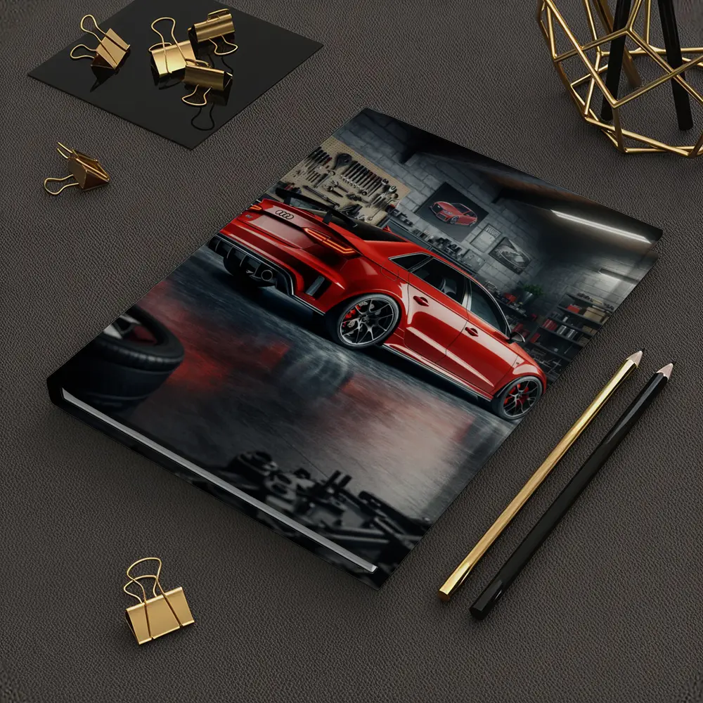 Audi RS3 Red Sedan in Dark Garage – Notebooks