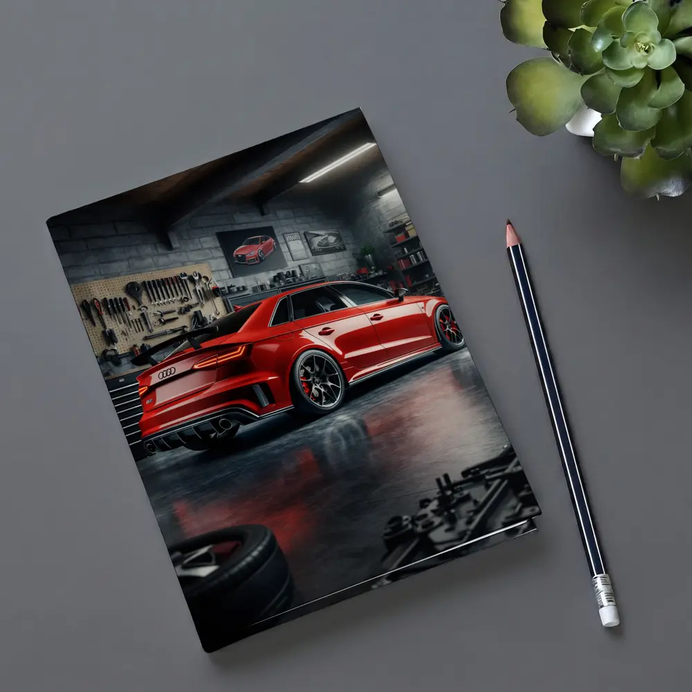 Audi RS3 Red Sedan in Dark Garage – Notebooks