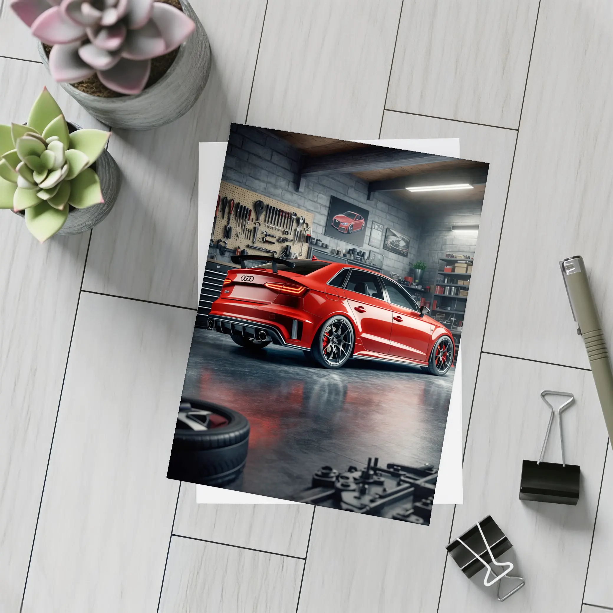 Audi RS3 Red Sedan in Dark Garage – Postcards
