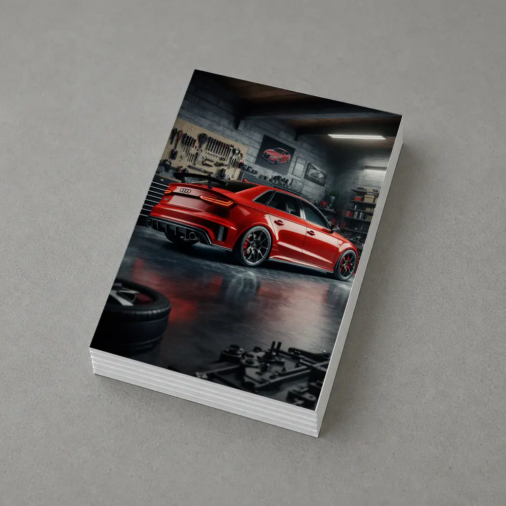 Audi RS3 Red Sedan in Dark Garage – Postcards