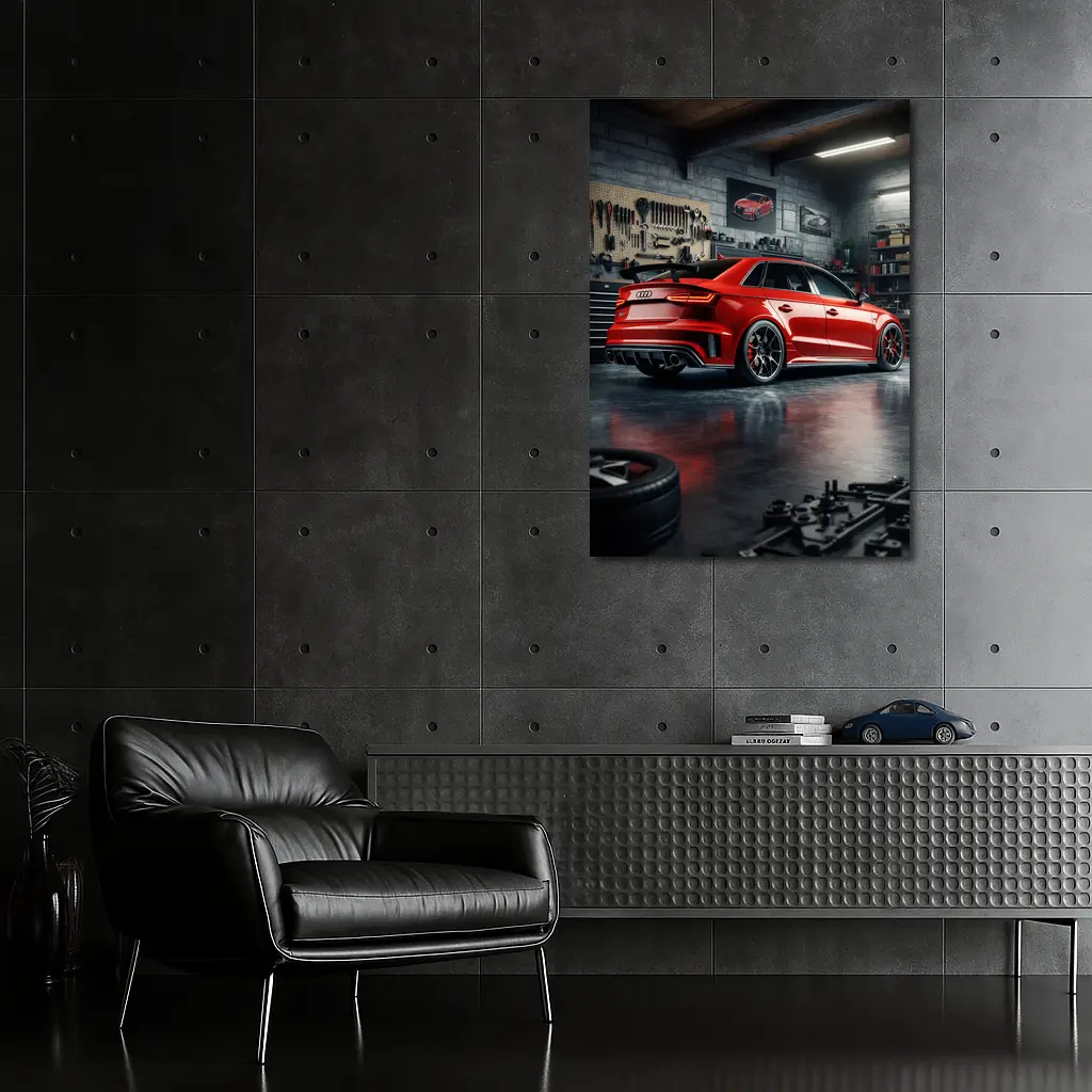 Audi RS3 Red Sedan in Dark Garage – Wall Art
