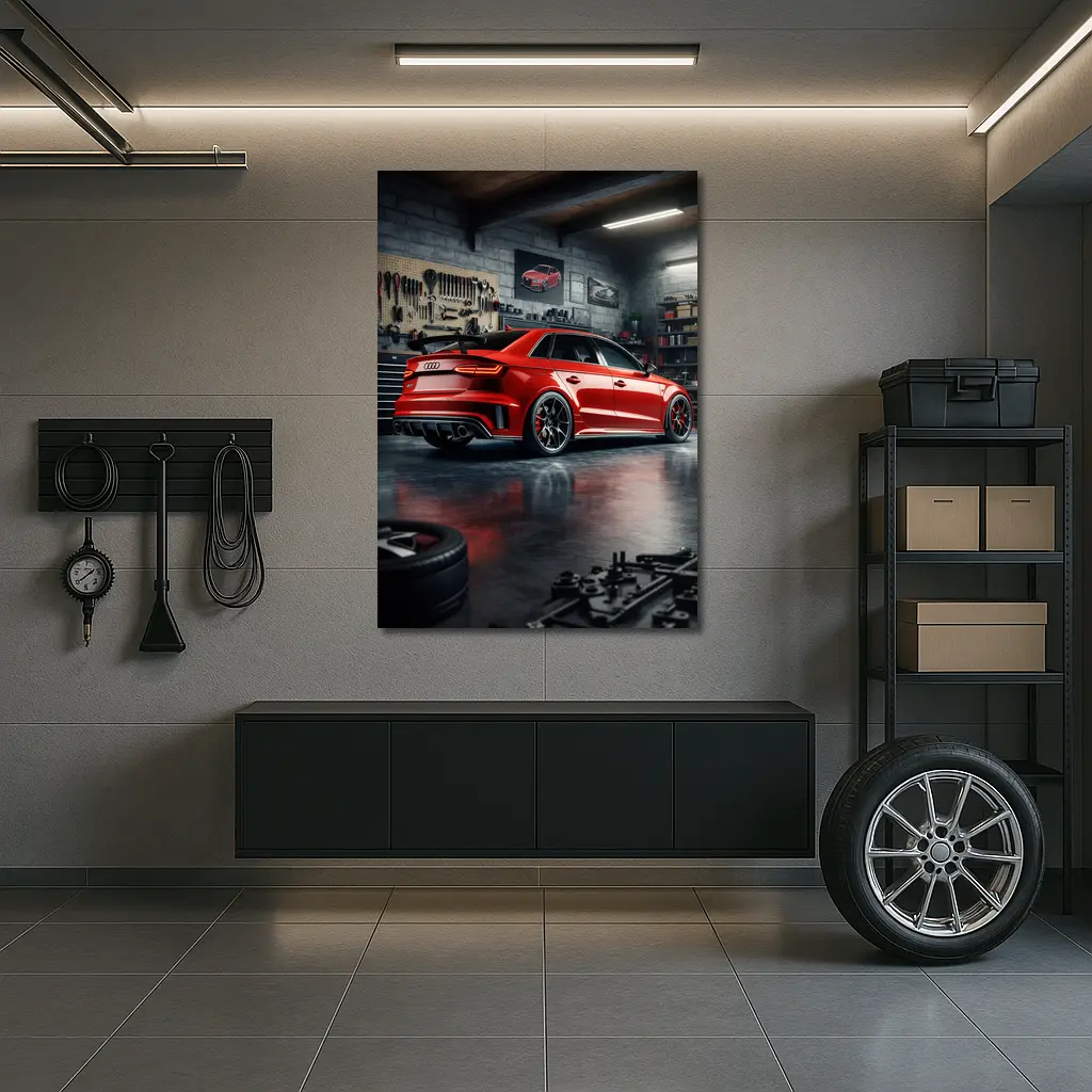Audi RS3 Red Sedan in Dark Garage – Wall Art