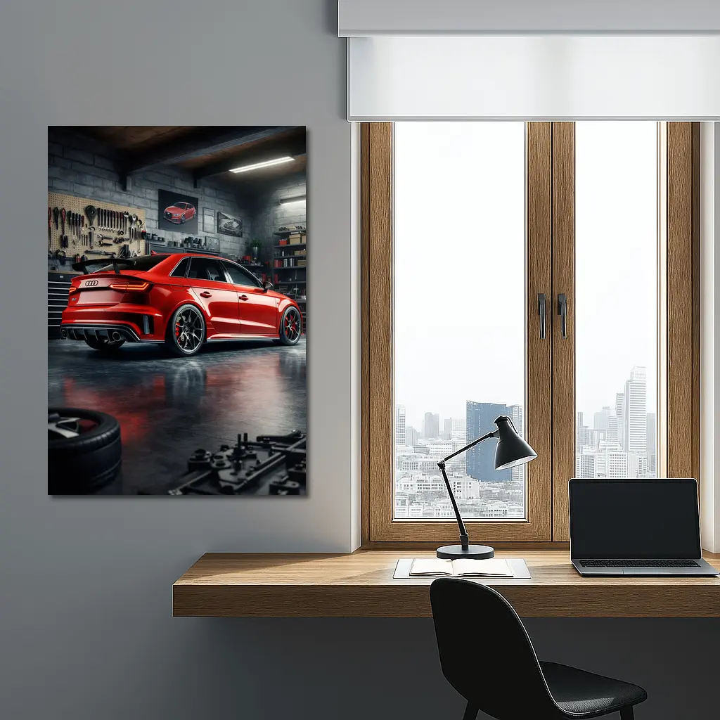 Audi RS3 Red Sedan in Dark Garage – Wall Art