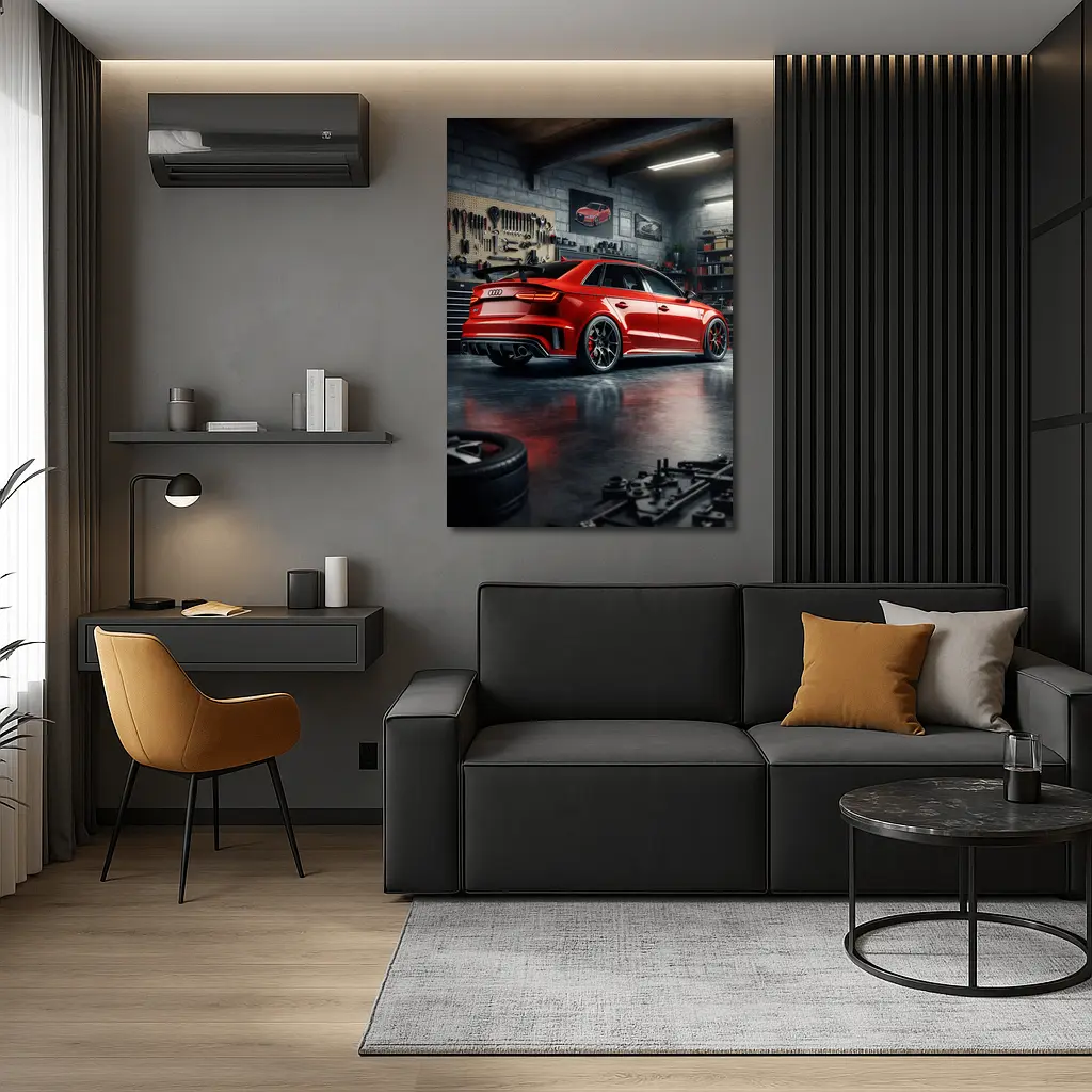 Audi RS3 Red Sedan in Dark Garage – Wall Art