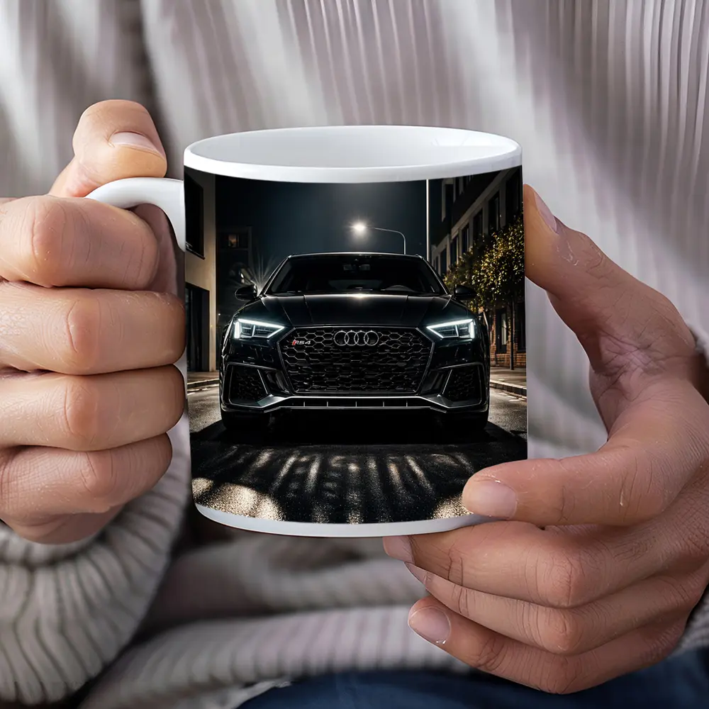 Audi RS4 Black Front View Night Street – Mugs