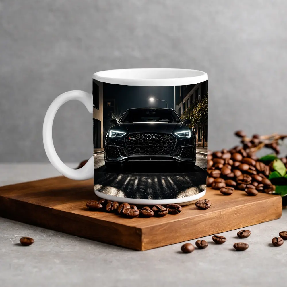 Audi RS4 Black Front View Night Street – Mugs