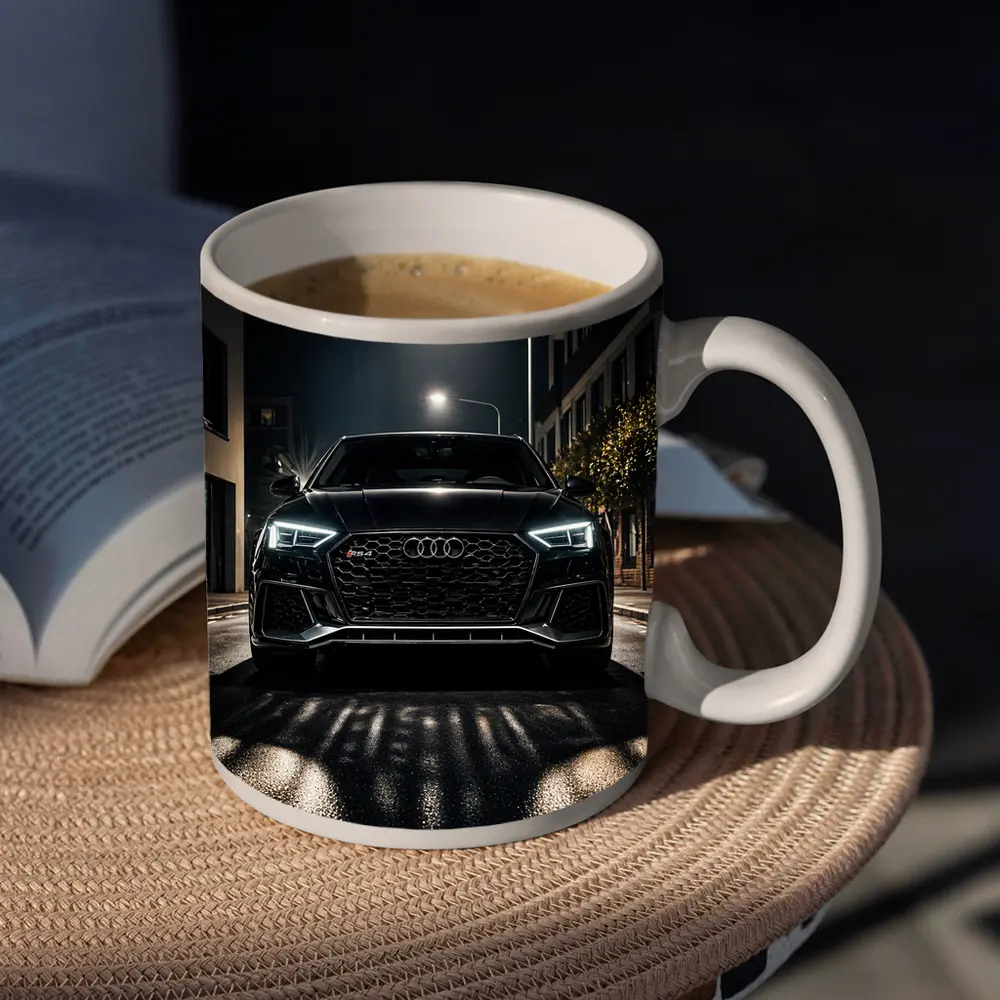 Audi RS4 Black Front View Night Street – Mugs