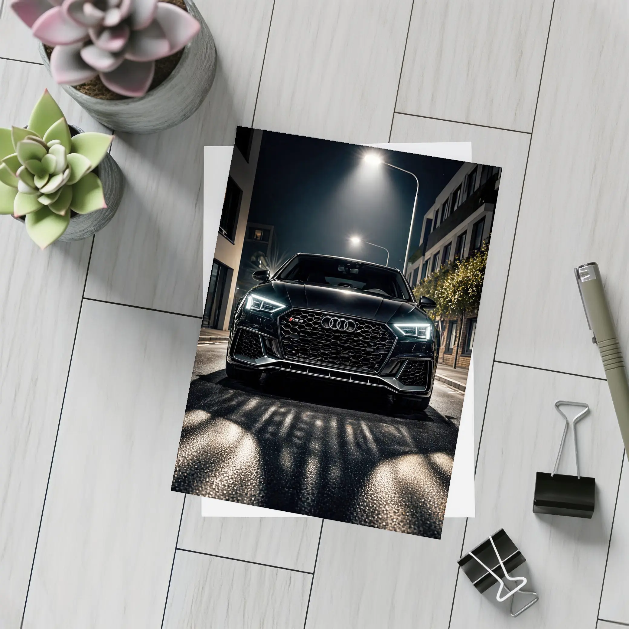 Audi RS4 Black Front View Night Street – Postcards