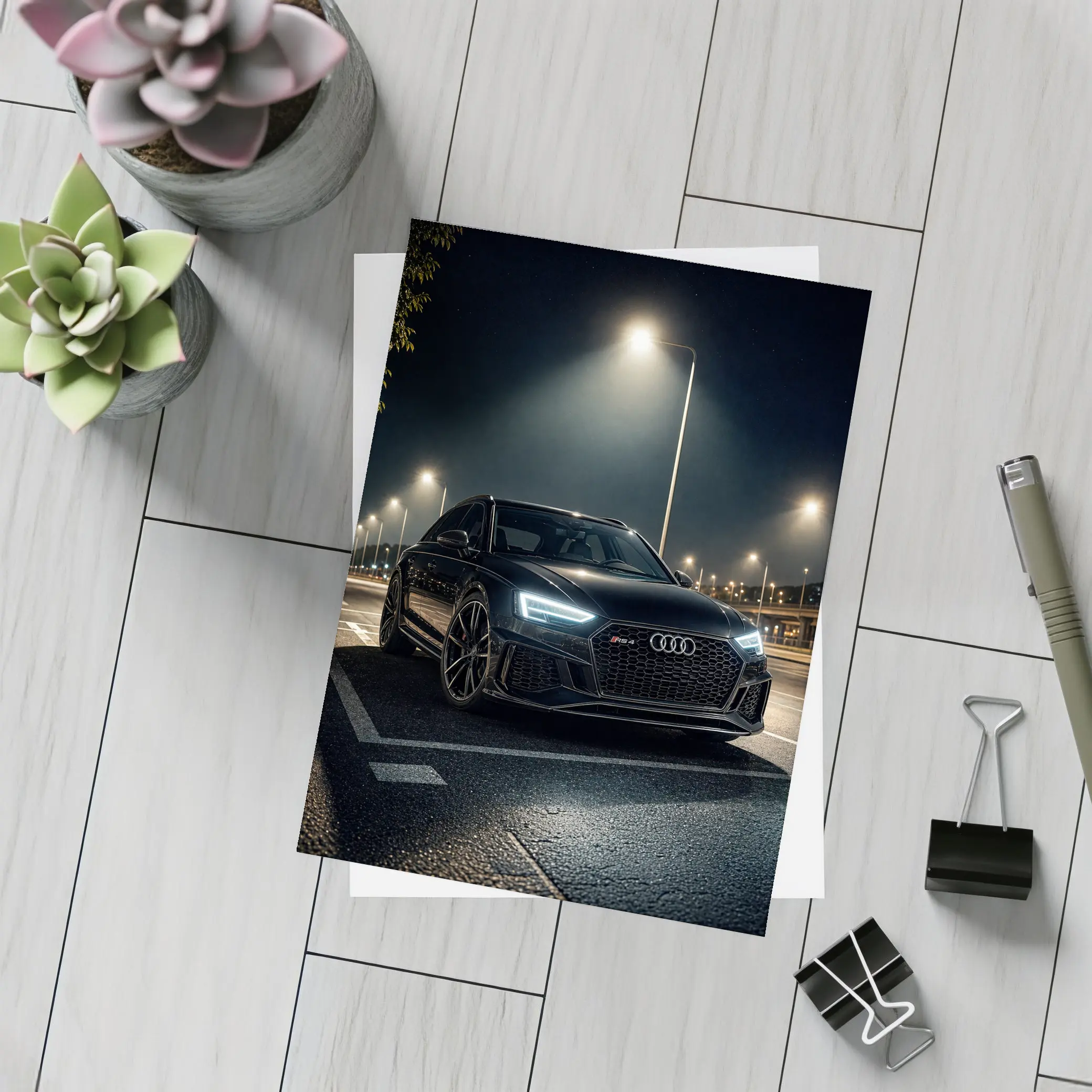 Audi RS4 Black Sedan Night Street – Postcards