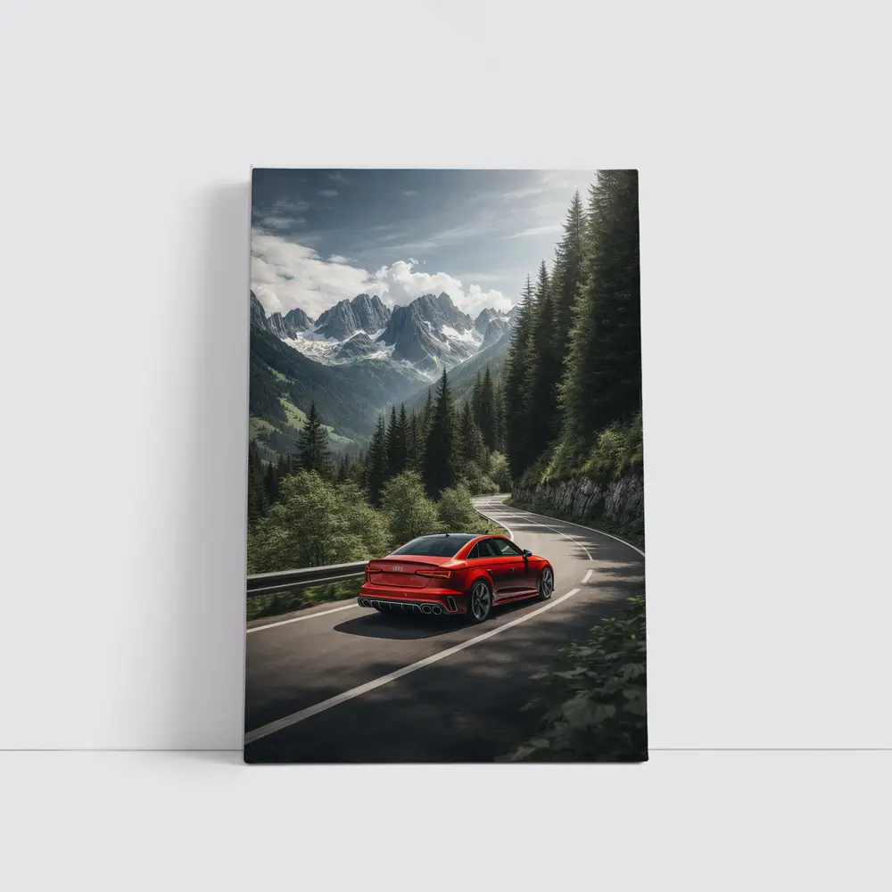 Audi RS4 Red Sedan Mountain Forest Road – Wall Art
