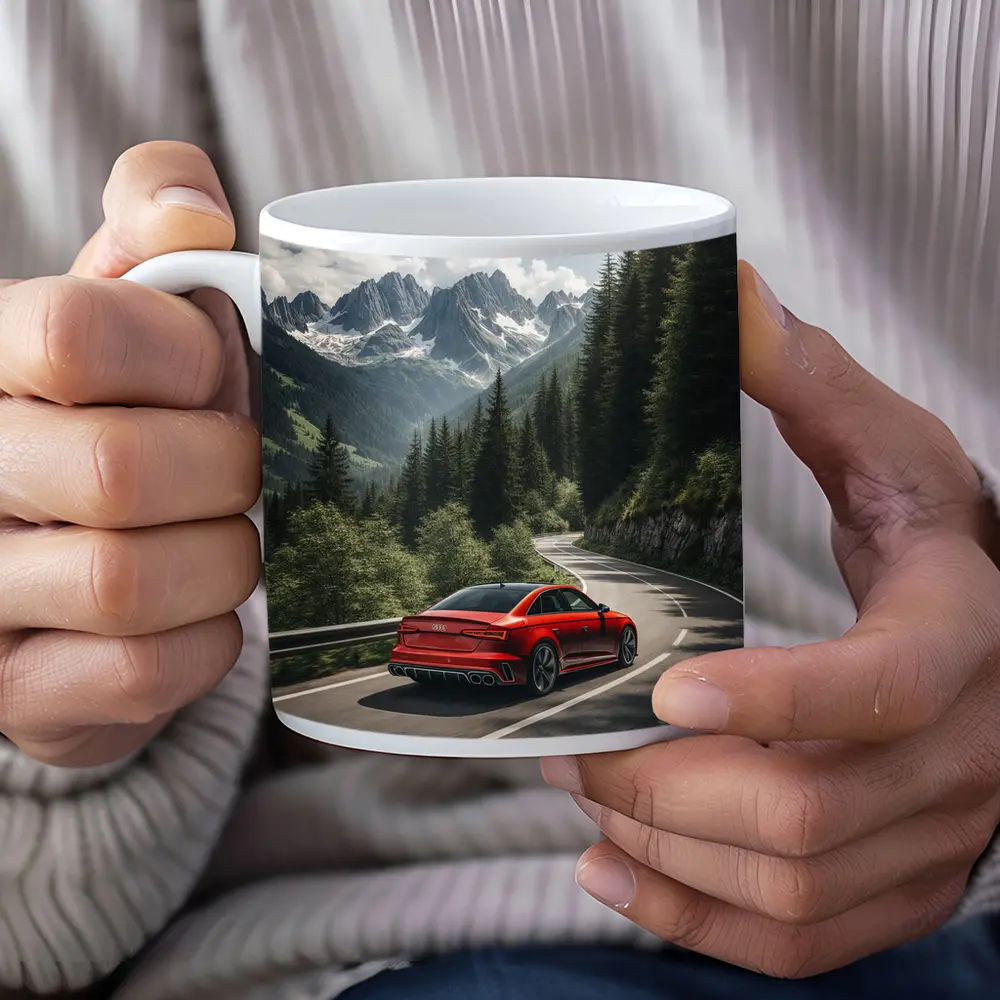 Audi RS4 Red Sedan Mountain Forest Road – Mugs