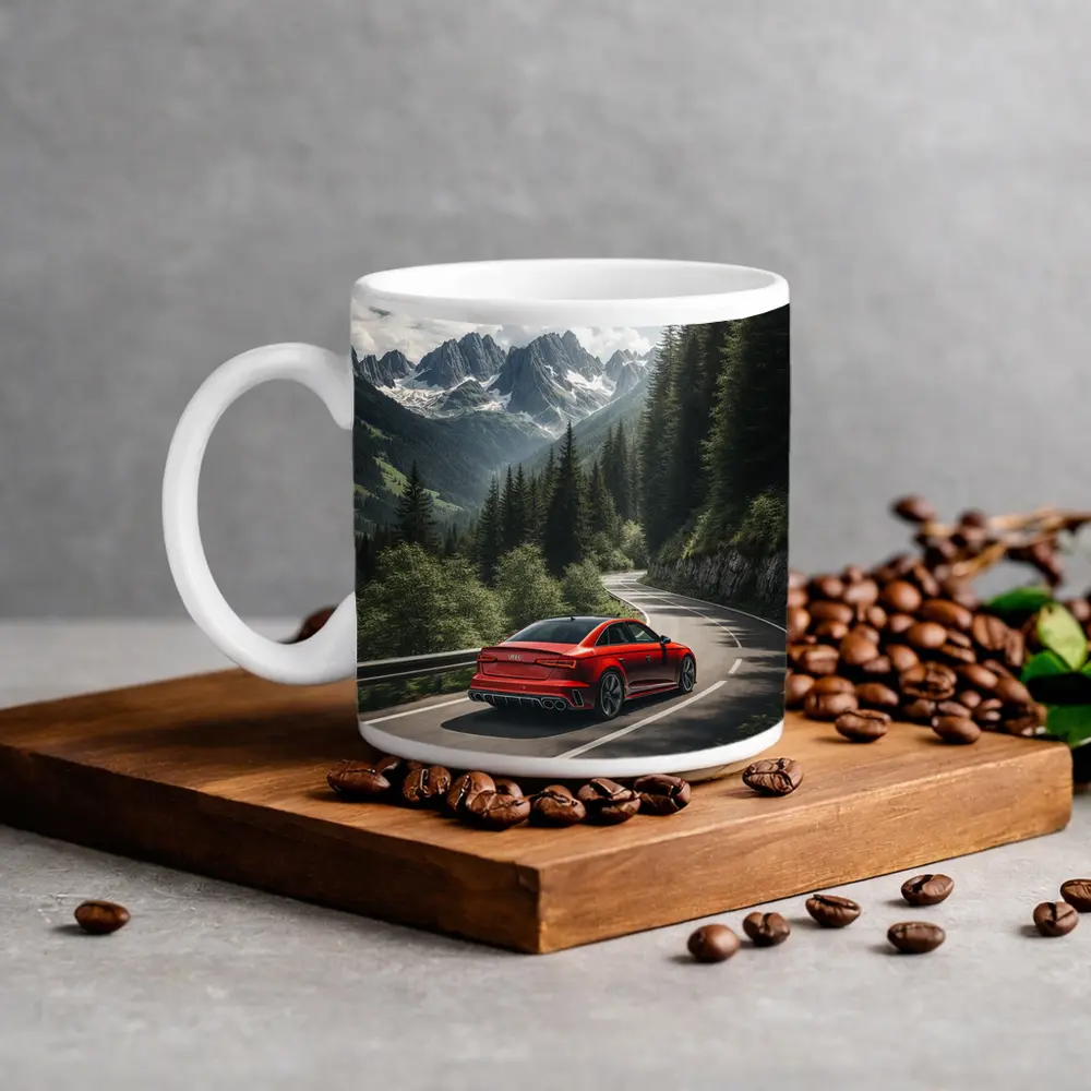 Audi RS4 Red Sedan Mountain Forest Road – Mugs