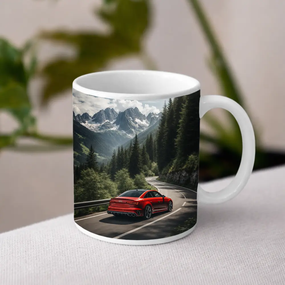 Audi RS4 Red Sedan Mountain Forest Road – Mugs