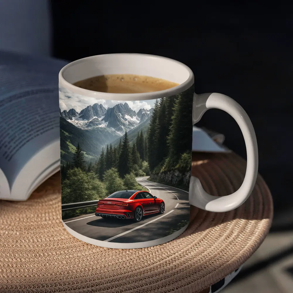 Audi RS4 Red Sedan Mountain Forest Road – Mugs