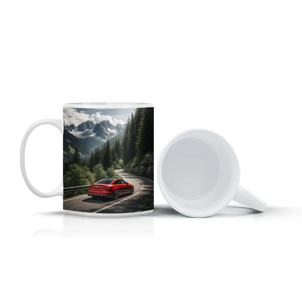 Audi RS4 Red Sedan Mountain Forest Road – Mugs
