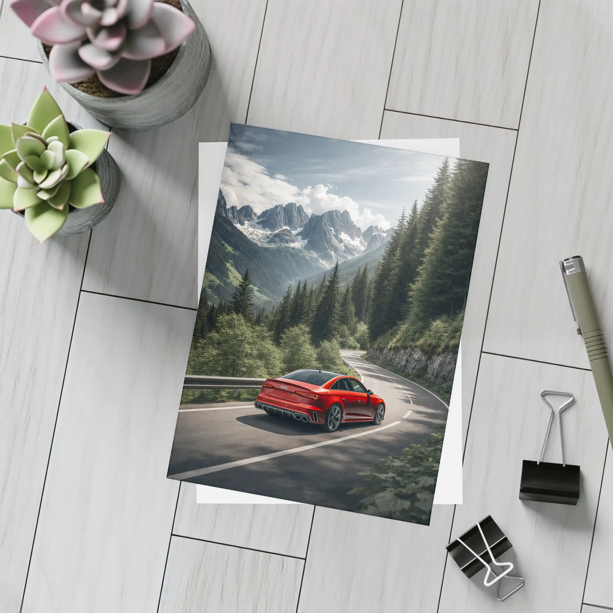 Audi RS4 Red Sedan Mountain Forest Road – Postcards