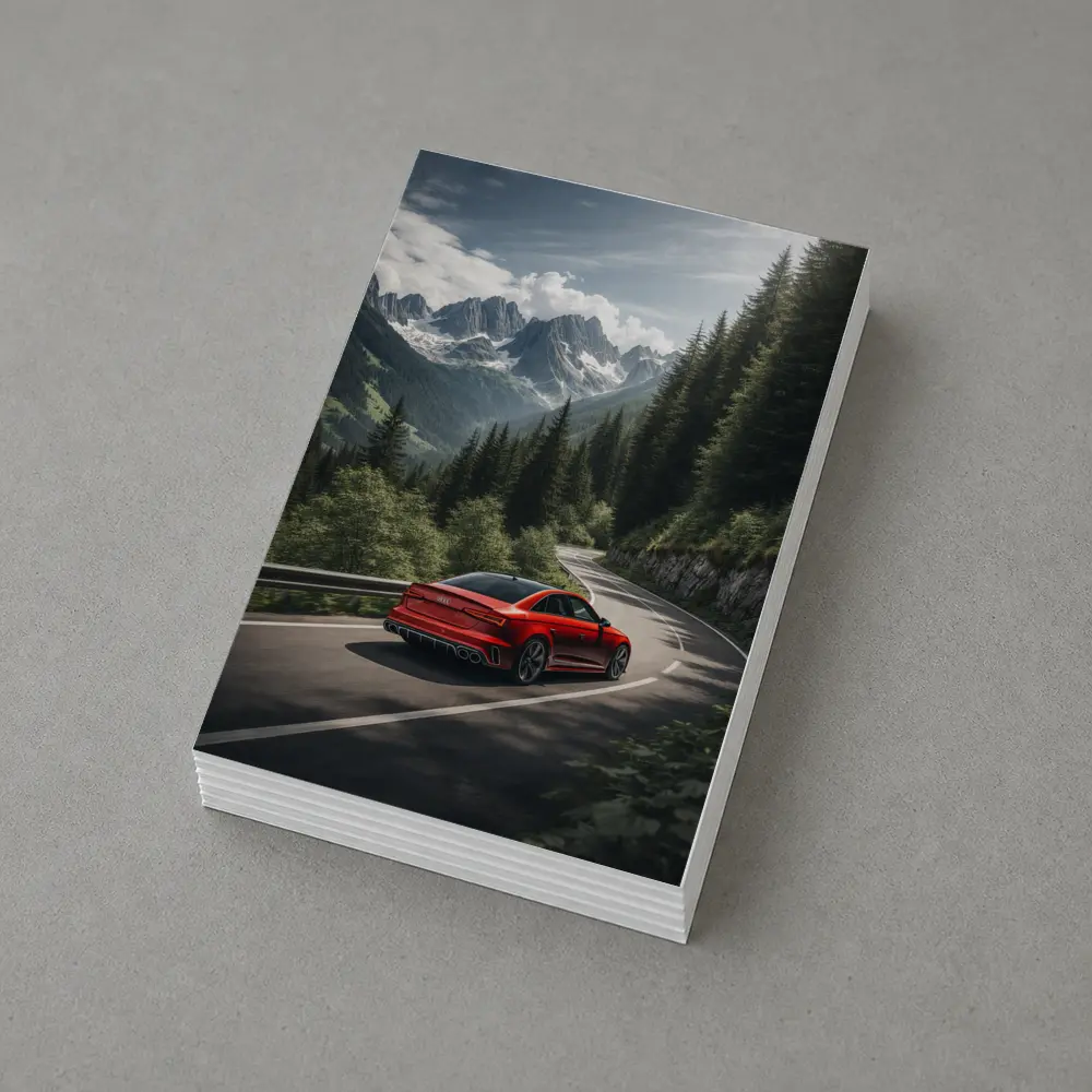 Audi RS4 Red Sedan Mountain Forest Road – Postcards