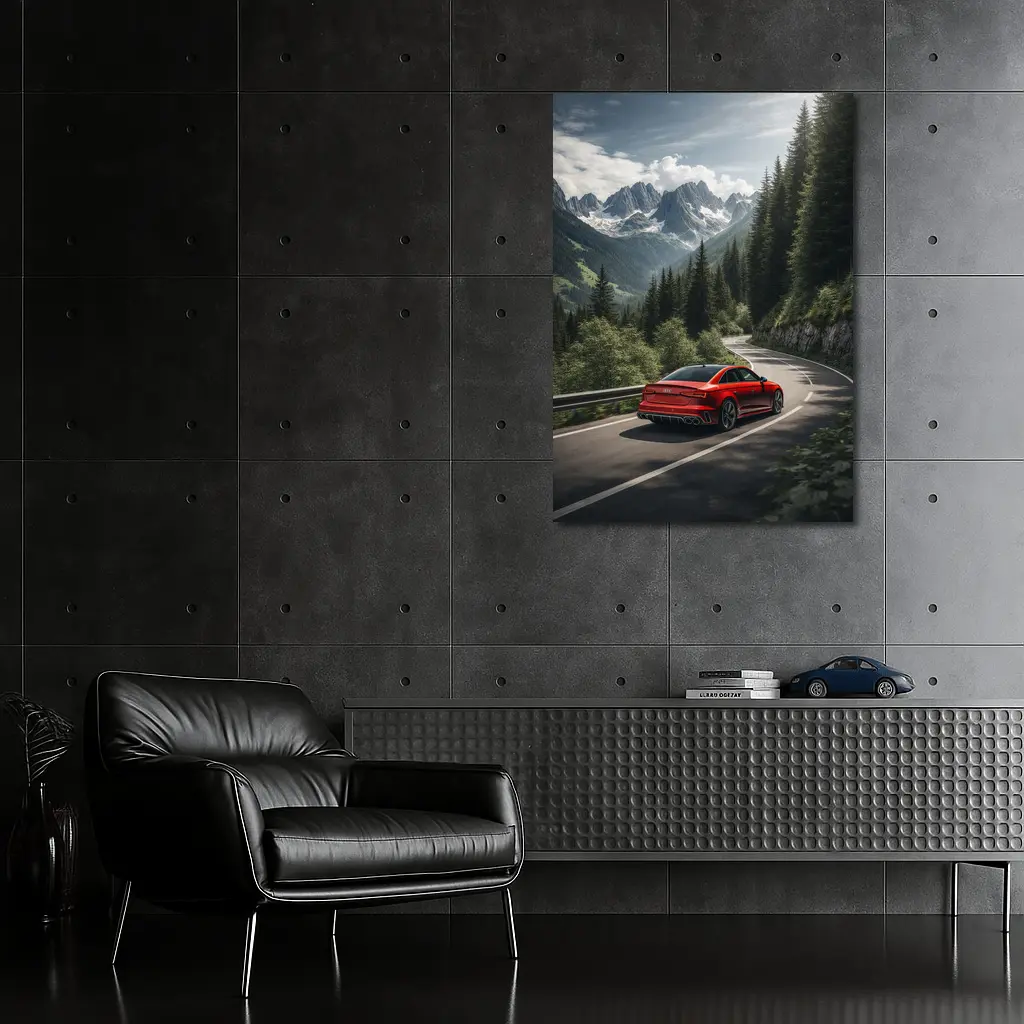 Audi RS4 Red Sedan Mountain Forest Road – Wall Art